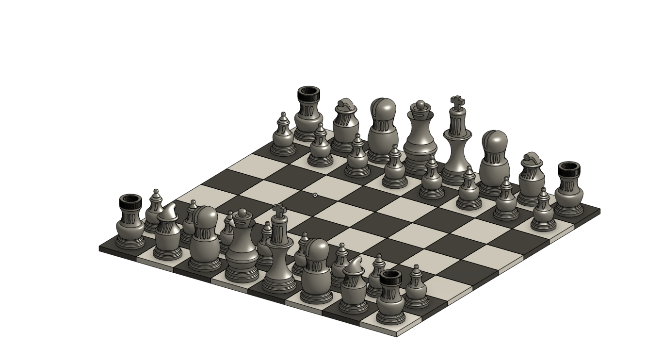 The full chess set modelled in grey CAD, before any material or finish.