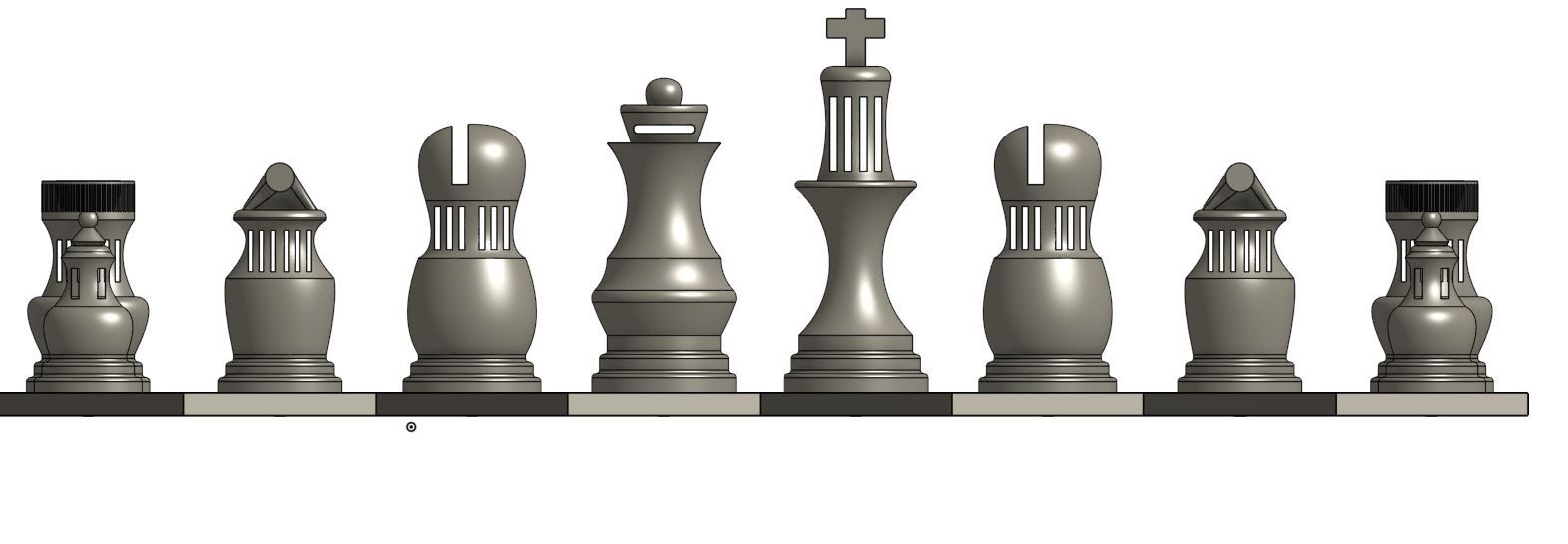 The full set of piece profiles side by side, each carrying the recessed grip vent.