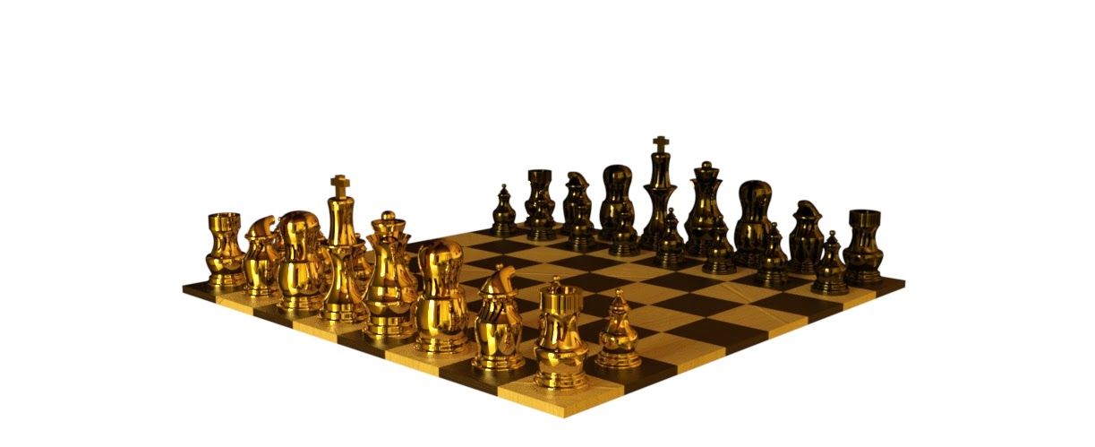 The chess set rendered in glossy metal, gold pieces facing black.