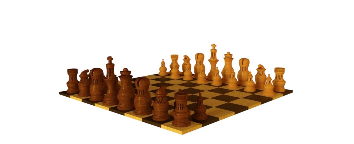 The chess set rendered in a warm wood finish.