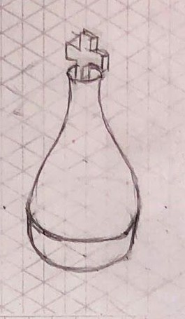 Isometric sketch of the king in the bowling theme - a tapering bowling-pin profile, cross on top.