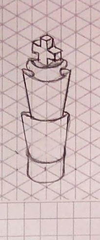 Isometric sketch of the king in the cake theme - stacked cylindrical layers, cross on top.