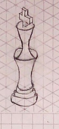 Isometric sketch of the king in the vase theme - a curved hourglass profile, cross on top.