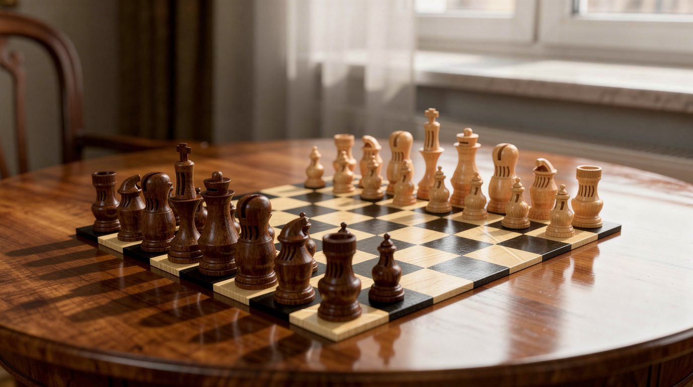 Wooden chess set mid-game on a round table by a window.