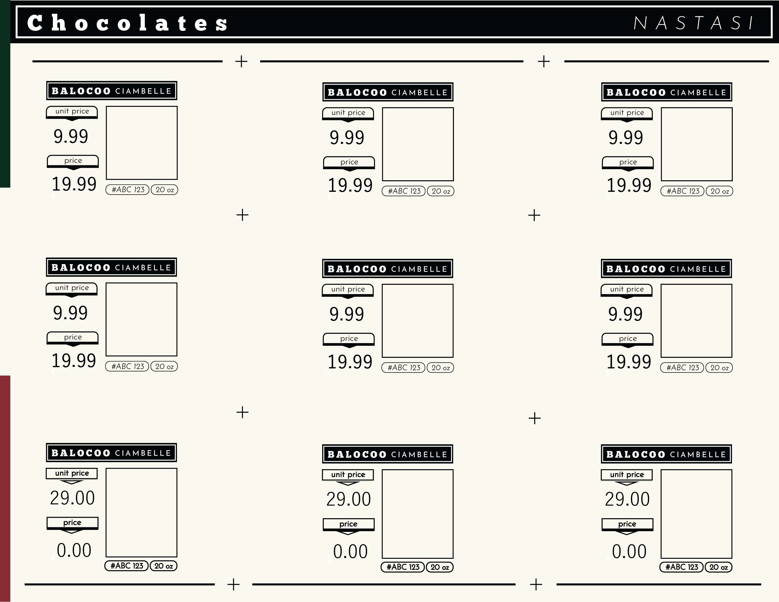 PRIMA catalogue page - a chocolates price-book template with a repeating product grid and price tags.