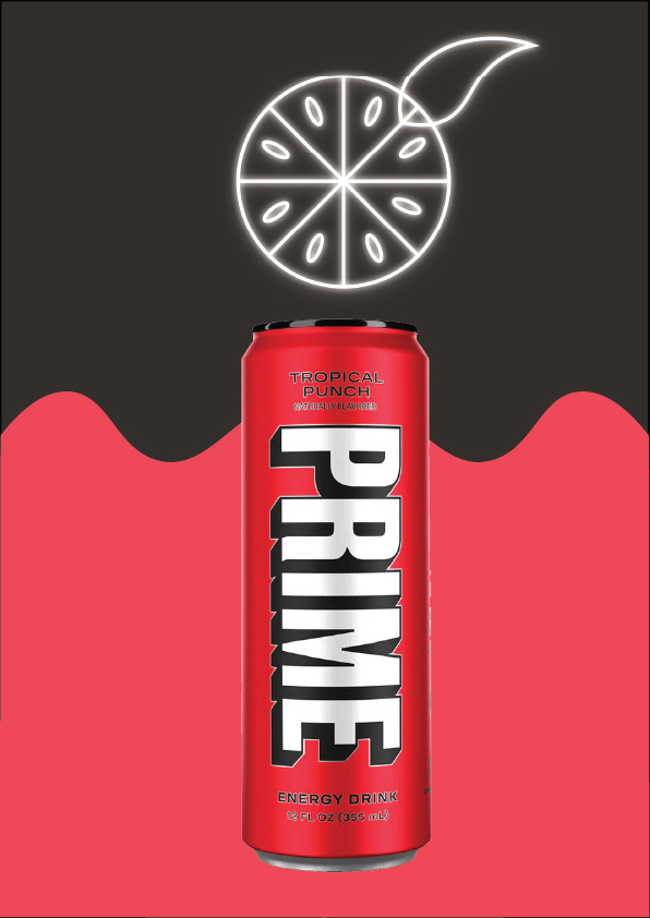 PRIME Tropical Punch poster - red can, neon citrus, red drip.