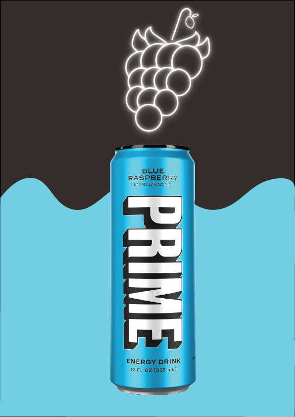 PRIME Blue Raspberry poster - blue can, neon grapes, blue drip.