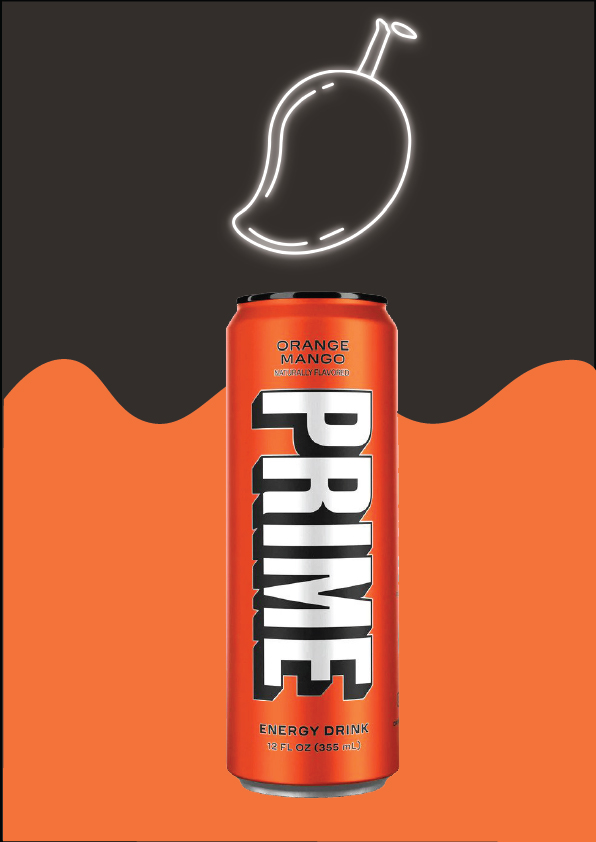 PRIME Orange Mango poster - orange can, neon mango, orange drip.