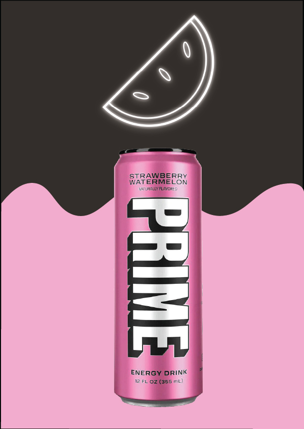 PRIME Strawberry Watermelon poster - pink can, neon watermelon, pink drip.