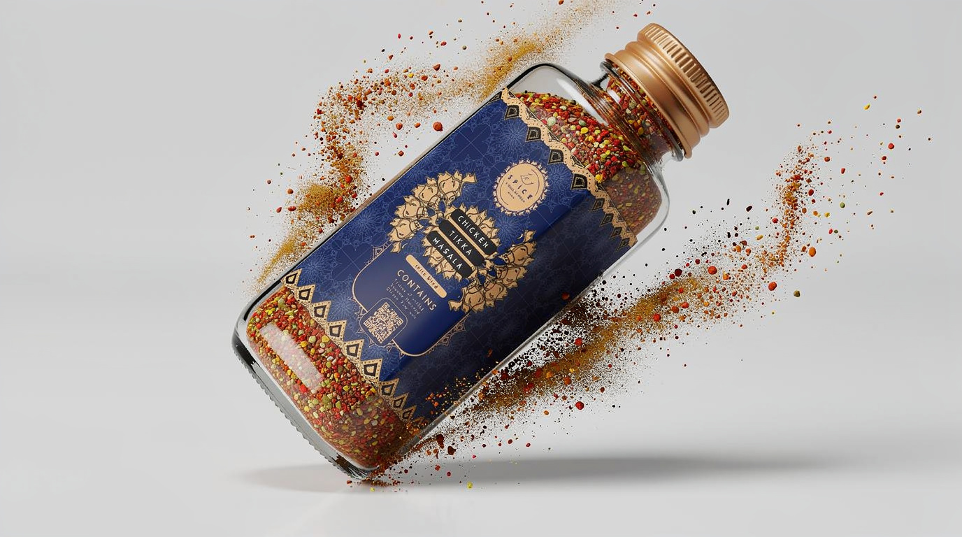 Life of Spice Chicken Tikka Masala jar tumbling mid-air, spice scattering in an arc against a pale grey backdrop.