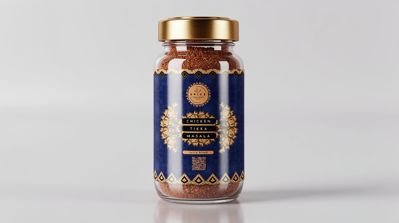 Life of Spice Chicken Tikka Masala jar standing upright - deep navy label with gold mandala linework and a brass lid.