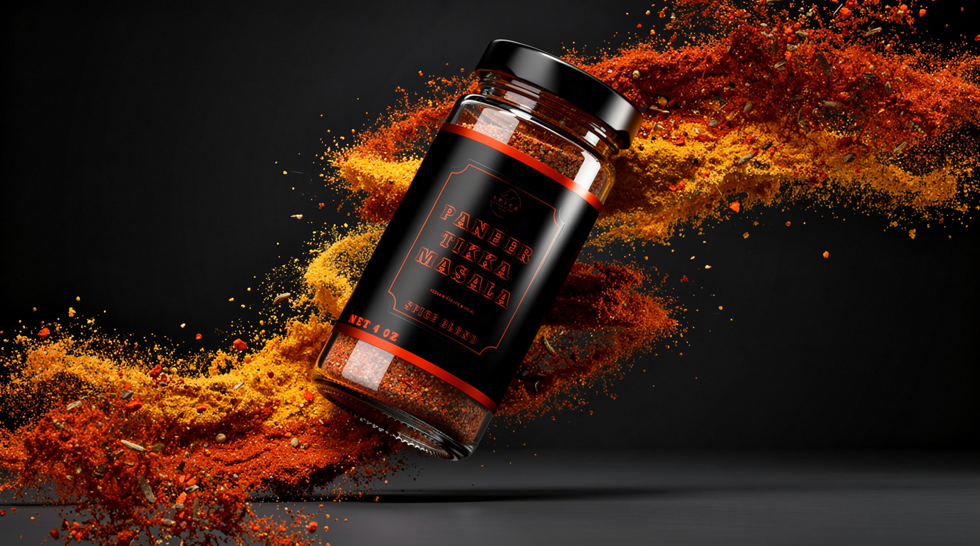 Black Life of Spice jar with an orange bracketed frame and outline lettering, spice powder streaking behind it.