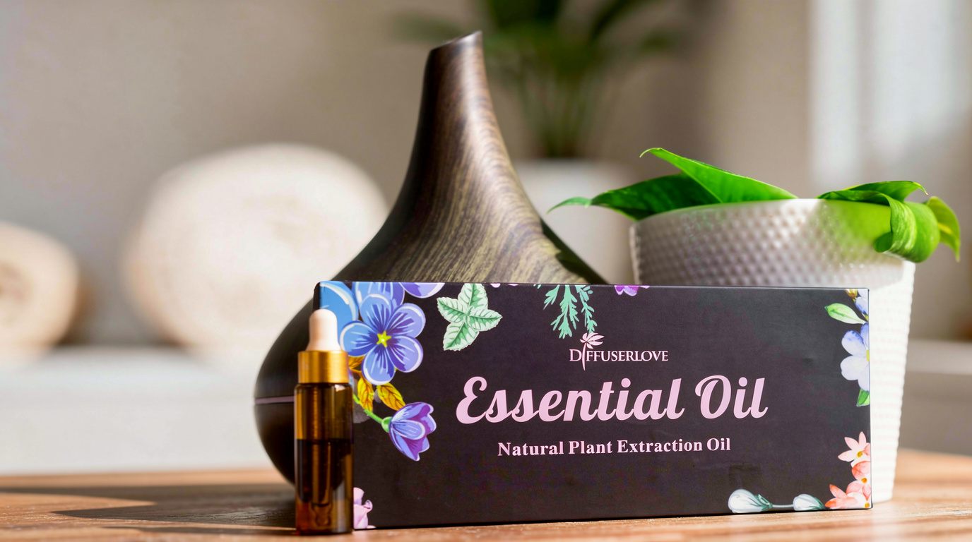A Diffuserlove essential oil box and dropper bottle beside a wood-grain diffuser and a plant.