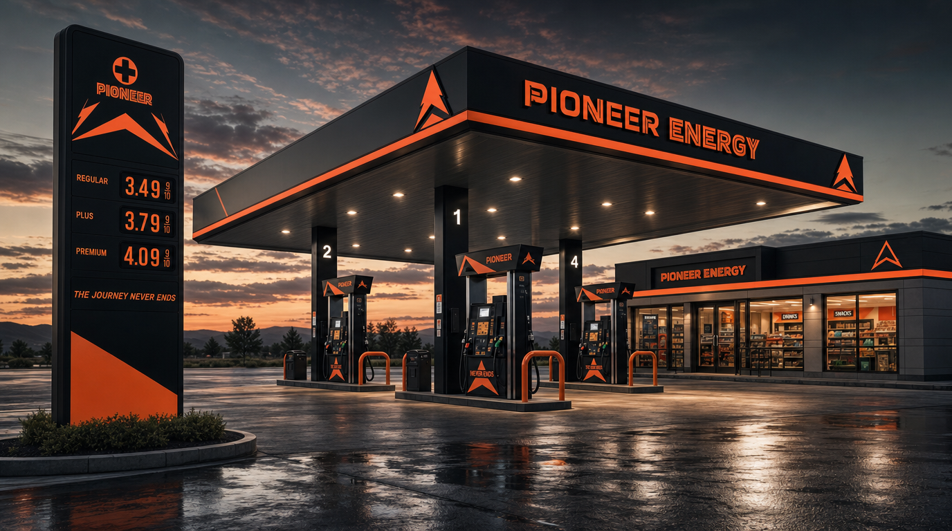 Pioneer Energy rebrand - service station mockup at dusk in black and orange.