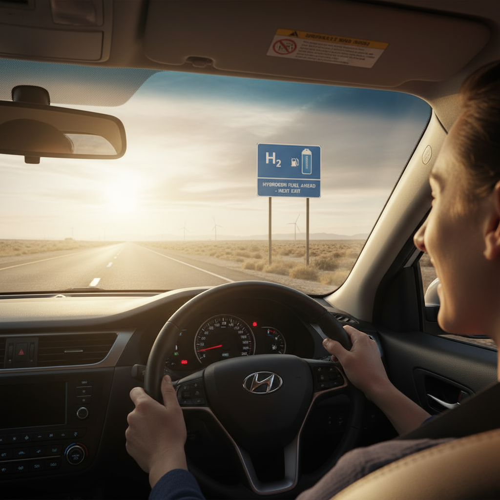 Storyboard frame: driver's POV on a rural highway at sunrise, approaching a sign for hydrogen fuel at the next exit.