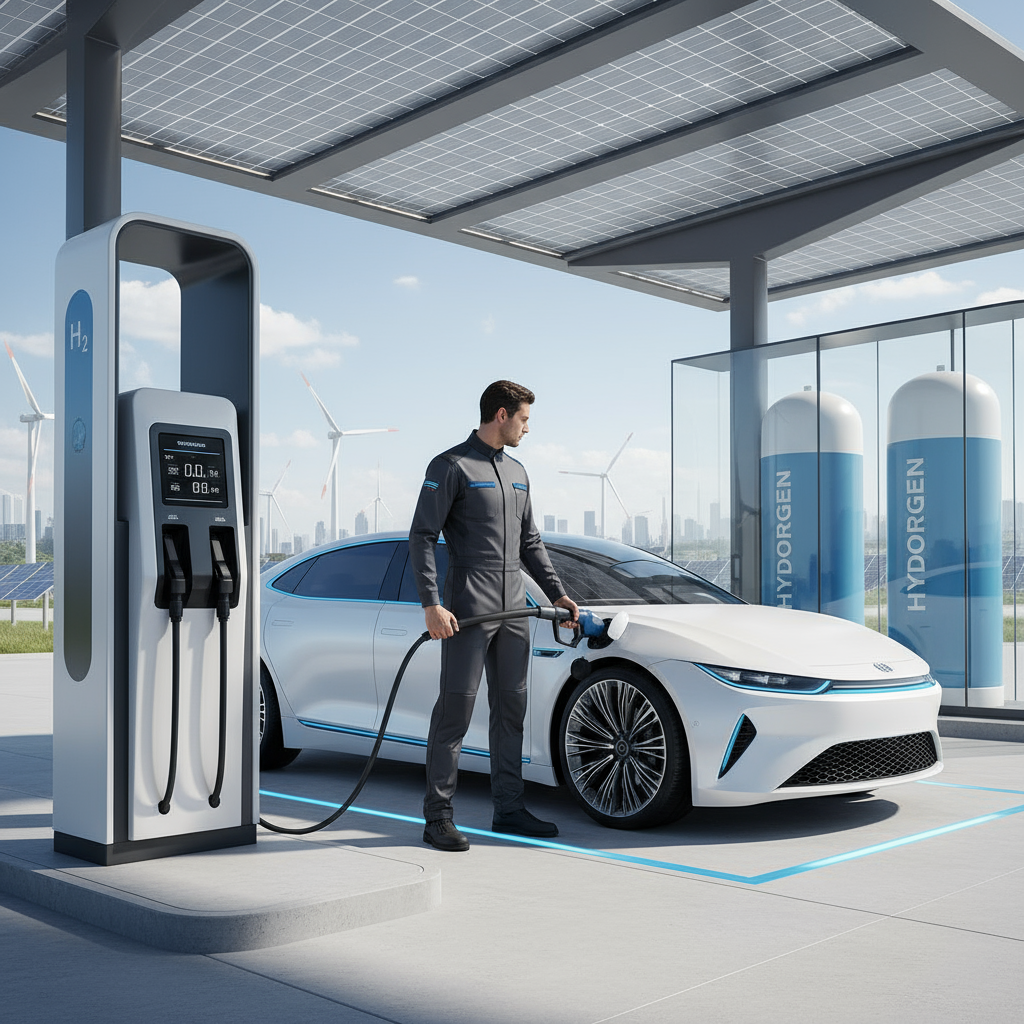 Storyboard frame: a driver refuelling a white car at a solar-canopied hydrogen station with wind turbines behind.