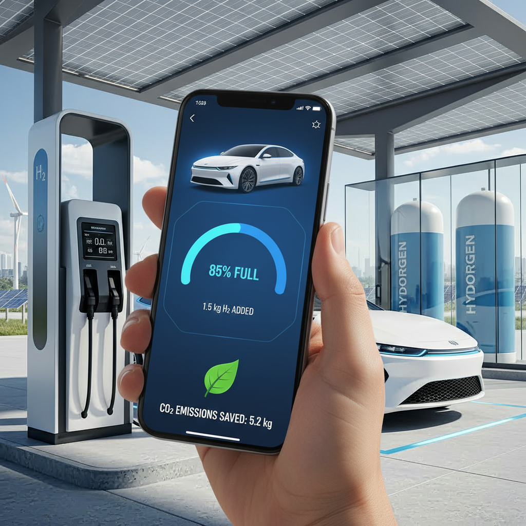 Storyboard frame: a phone app showing the tank 85% full and the CO2 emissions saved.