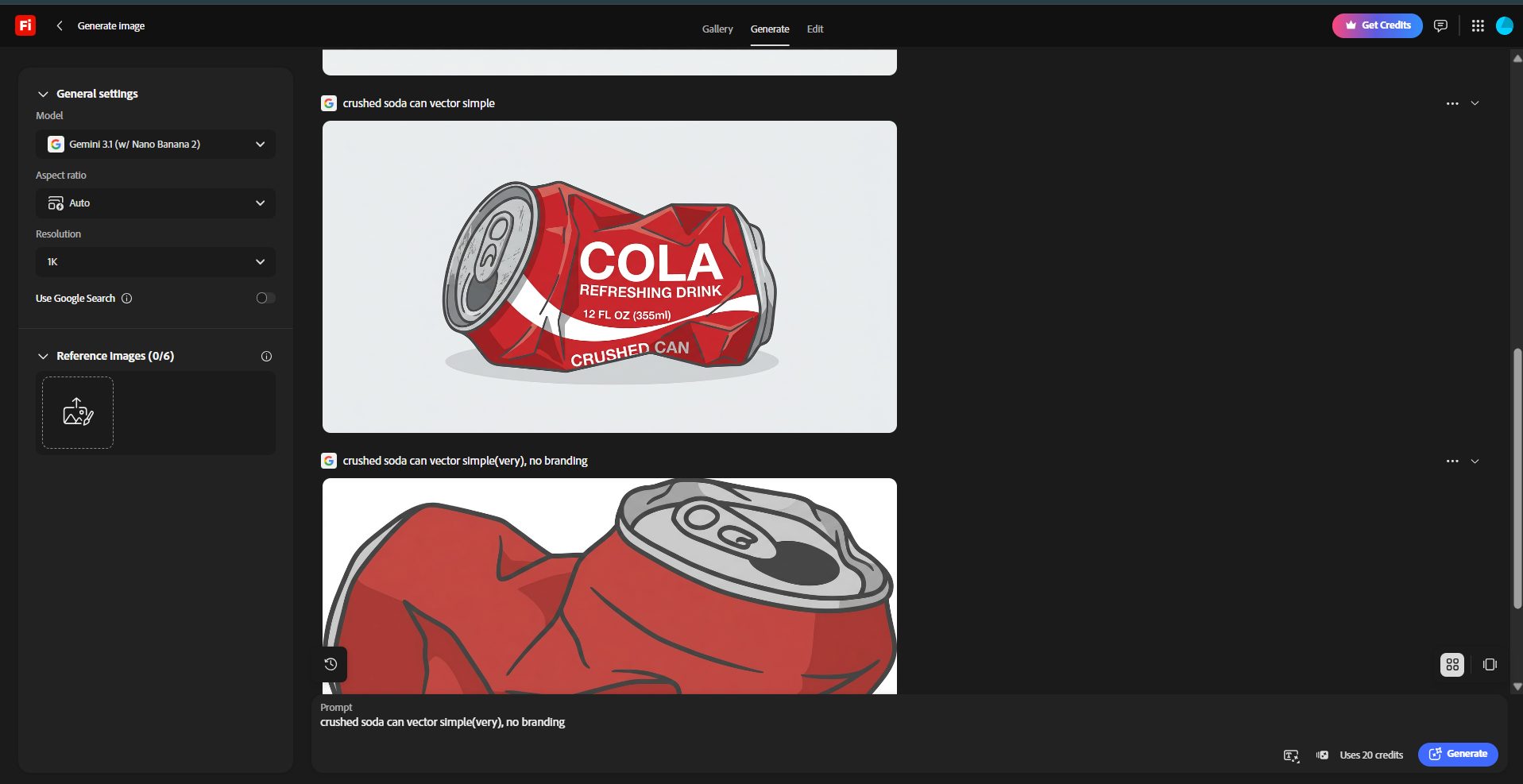 Adobe Firefly generations of a crushed red cola can in a simple vector style.
