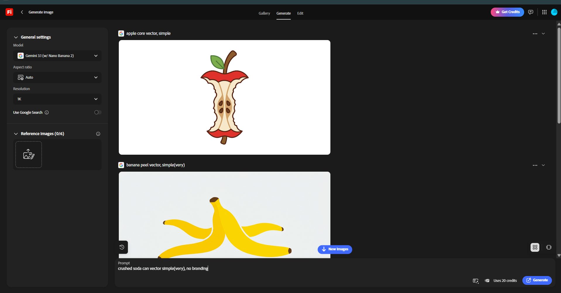 Adobe Firefly generations of a flat vector style apple core and banana peel.