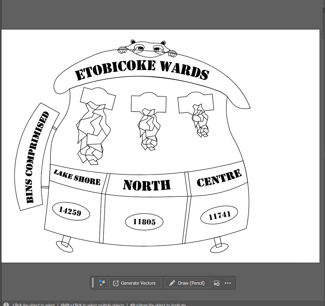 Black and white vector line work of the bin concept in Illustrator, traced from the pencil sketch.