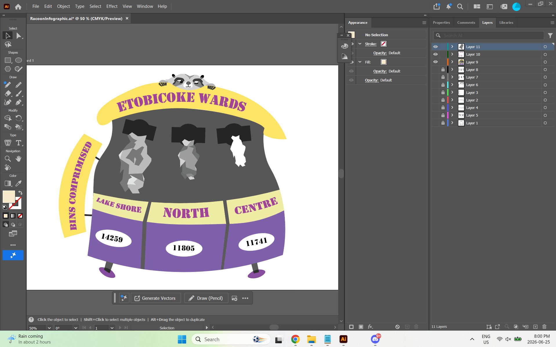 Illustrator work in progress with the purple and yellow colour scheme applied to the bin, banner and ward panels.