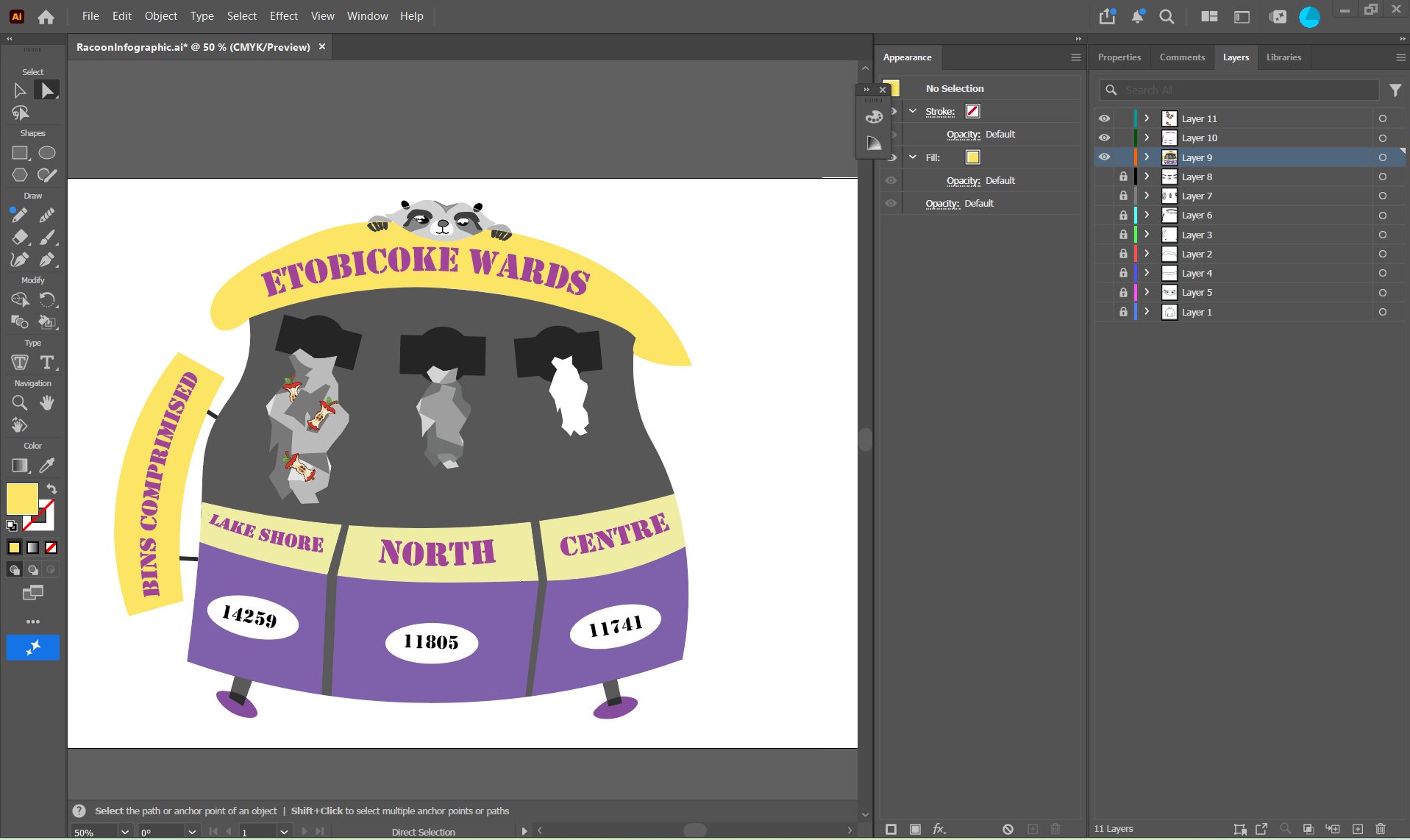 Illustrator work in progress with apple cores added to the trash spilling from the bin slots.