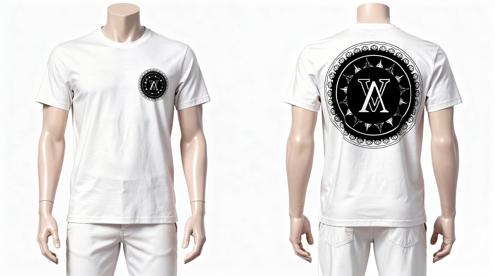 Velvet white tee, front and back, with the crest and monogram printed in black.