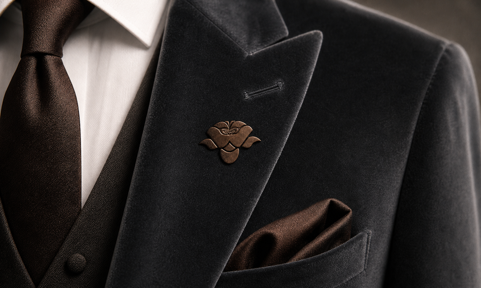 Charcoal velvet suit with a brown tie and pocket square, wearing a bronze Velvet rose lapel pin.