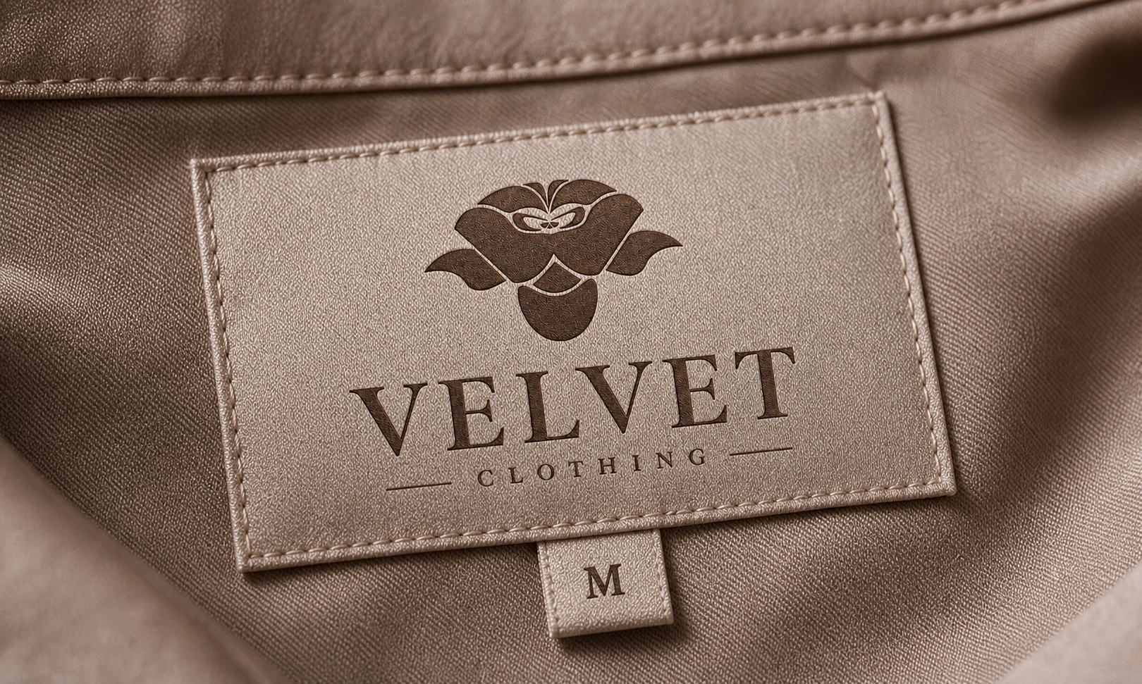 Woven Velvet Clothing neck label with the rose emblem and a size M tab, on satin fabric.