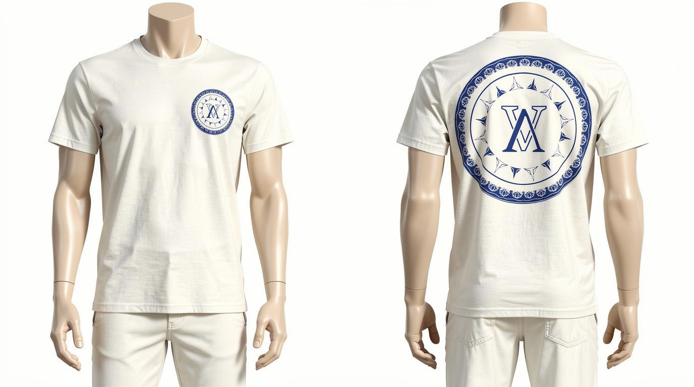 Velvet off-white tee, front and back, with the crest and monogram printed in navy.