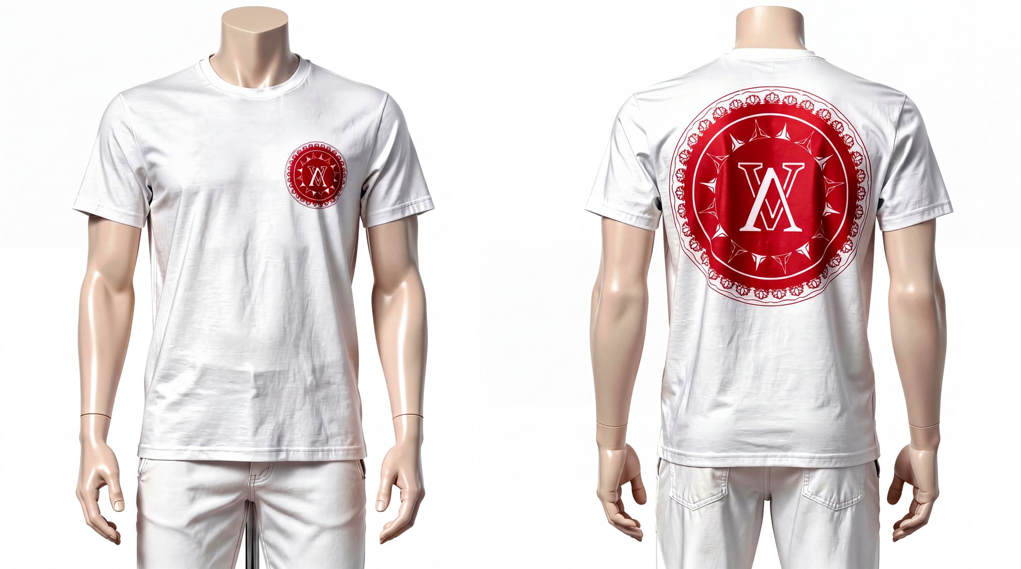 Velvet white tee, front and back, with the crest and monogram printed in red.