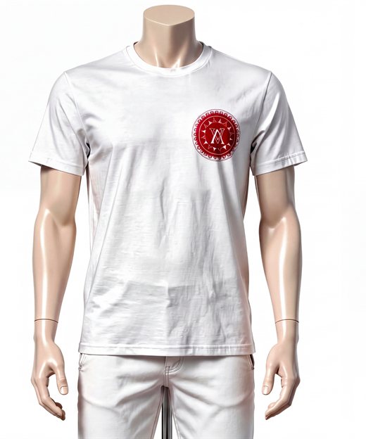 Velvet apparel identity - the red crest on the front of a white tee.